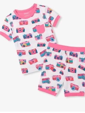 Hatley Girls White Pajama Set with Pink Trim and Colorful Camera Print